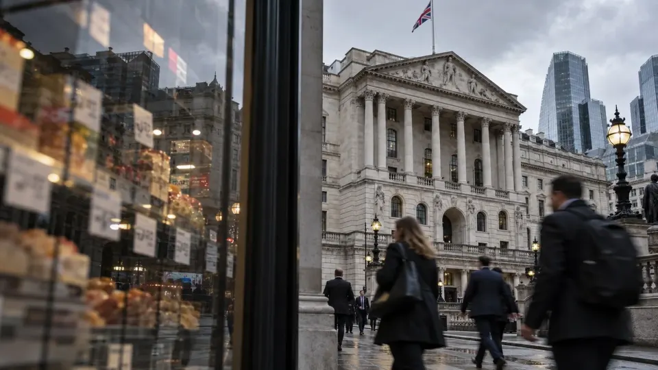 Editorial illustration of the Bank of England seen beside reflected shop prices and commuters