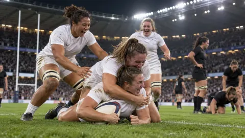 Editorial illustration of anonymous women rugby players in white celebrating under stadium lights
