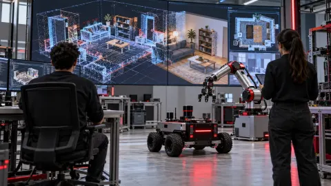 Editorial illustration of a robotics laboratory using AI to model a three-dimensional room