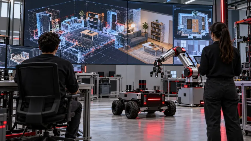 Editorial illustration of a robotics laboratory using AI to model a three-dimensional room