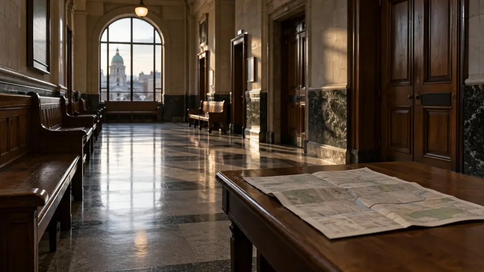 Editorial illustration of an empty courthouse corridor representing the overnight parade hearings