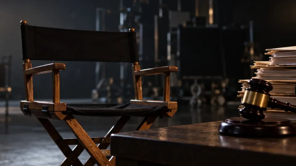 Editorial illustration of an empty film studio chair beneath restrained courthouse lighting