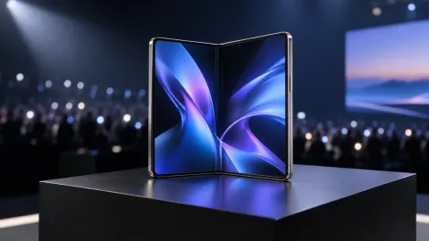 Editorial illustration of a book-style foldable smartphone open on a clean launch-stage display