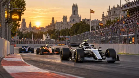 Editorial illustration of a generic silver Formula One car leading orange and dark-blue rivals around a new Madrid street circuit