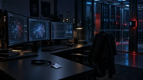 Editorial illustration of an empty workstation in a dark artificial intelligence research laboratory