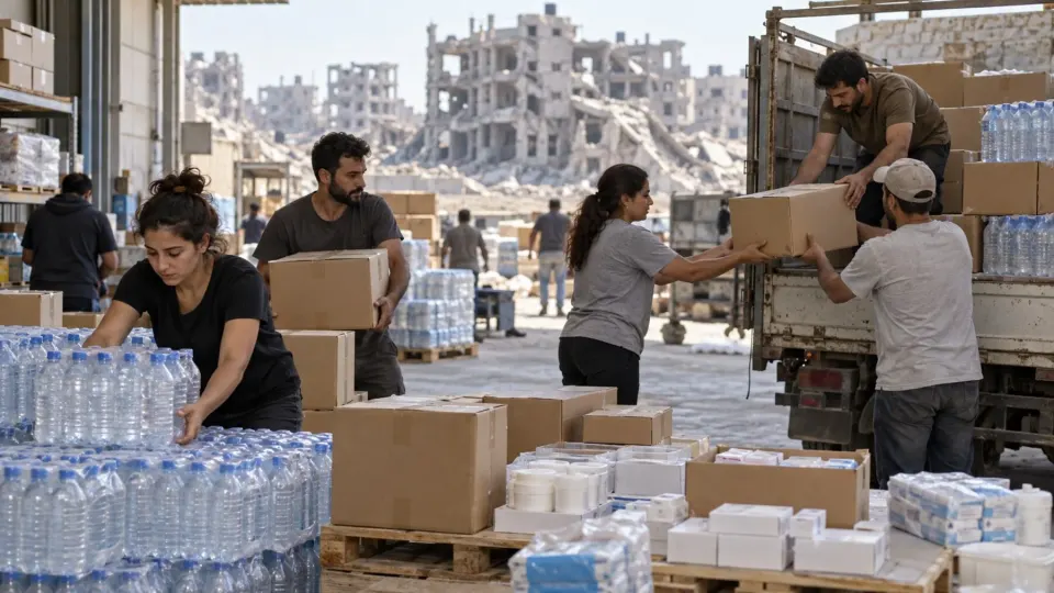 Editorial illustration of volunteers arranging water and medical supplies for humanitarian distribution in Gaza