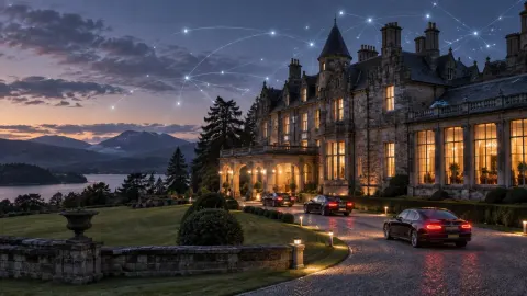 Editorial illustration of a formal Scottish estate prepared for a private summit with subtle artificial-intelligence light patterns