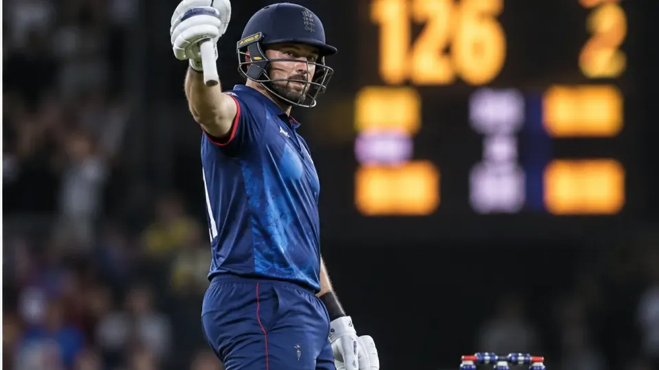 Editorial illustration of an anonymous England batsman raising his bat beside the stumps after victory
