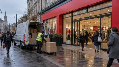 Editorial illustration of a Primark-style fashion parcel arriving at a British front door beside shopping bags