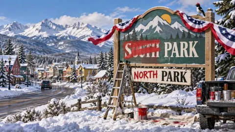 Editorial illustration of a snow-covered fictional American mountain town beneath an altered roadside sign