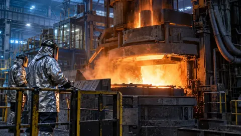 Editorial illustration of workers beside a glowing electric arc furnace in a modern British speciality steel plant