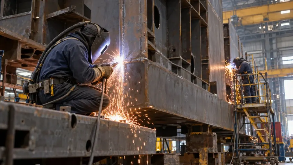 Editorial illustration of welders fabricating heavy steel sections inside a British shipyard