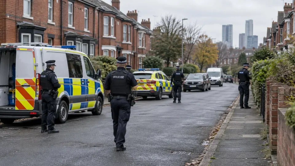 Editorial illustration of a controlled police search operation on a Manchester street