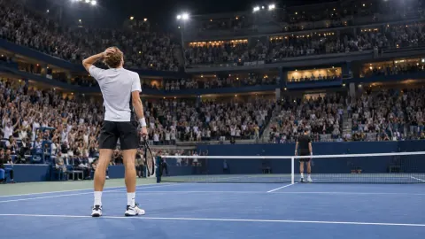 Editorial illustration of a generic men’s tennis champion slowly realising he has won before a standing New York crowd