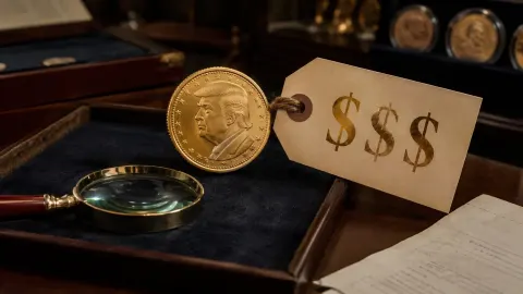 Gold-coloured presidential dollar coin displayed beside an exaggerated collector price tag and magnifying glass.