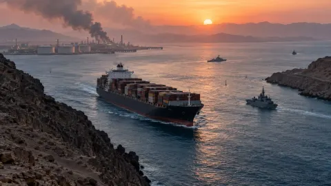 Editorial illustration of a container ship crossing a narrow Red Sea passage as patrol vessels watch nearby