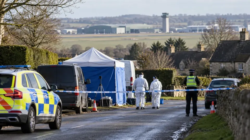 Editorial illustration of a forensic cordon on a Gloucestershire road near an airbase