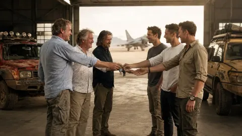 Three veteran motoring presenters symbolically handing car keys to three younger hosts in an airfield hangar