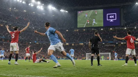 Editorial illustration of a sky-blue striker celebrating in a rainy Manchester stadium while red-shirted defenders appeal to a referee