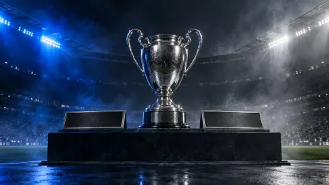 Editorial illustration of an empty football trophy podium beneath blue and white stadium lights