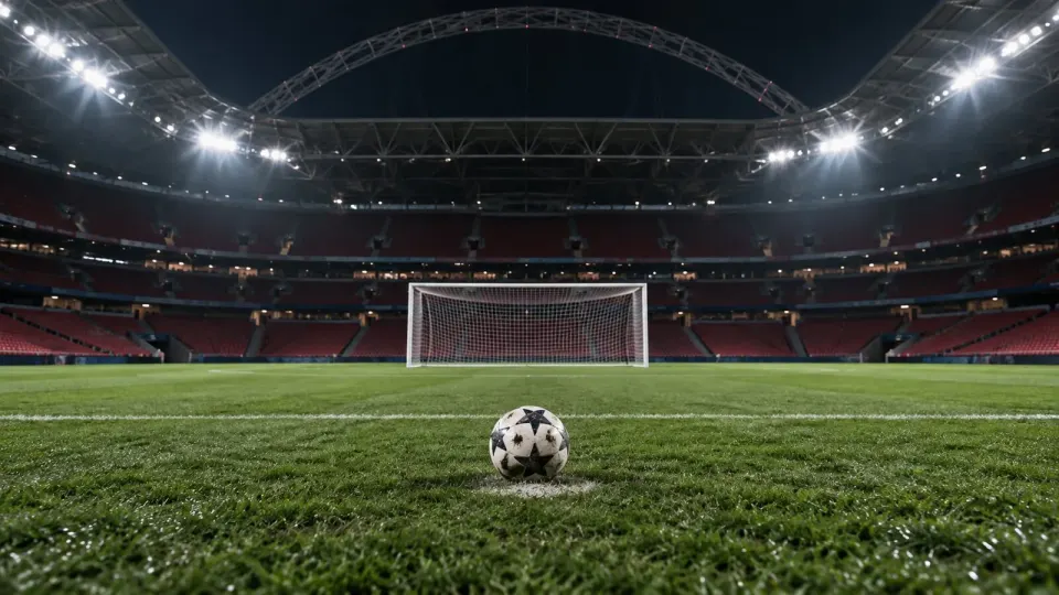 Editorial illustration of an empty floodlit football pitch and goal after a night match