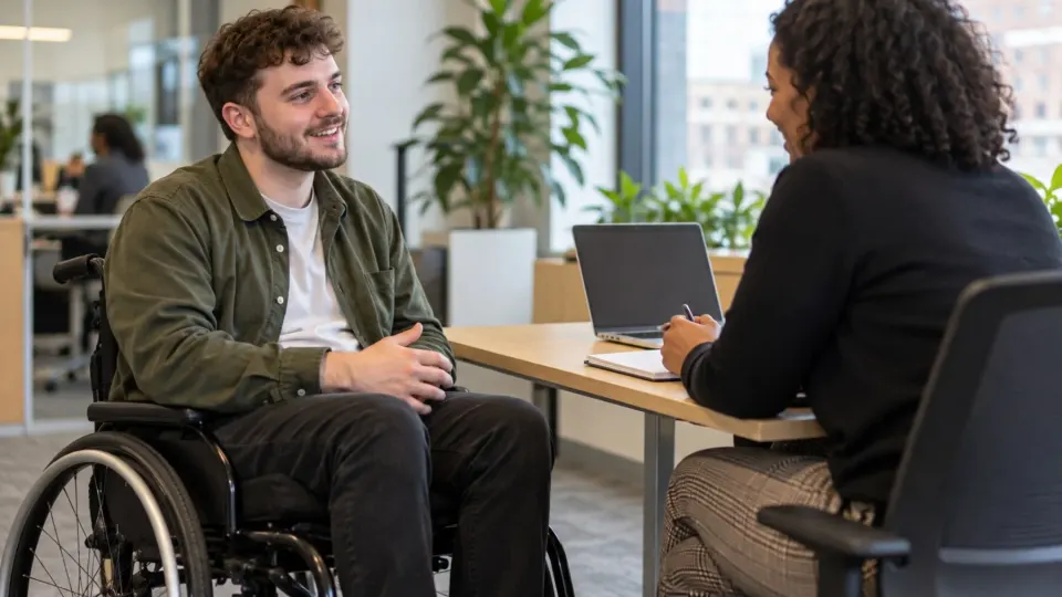Editorial illustration of a young disabled jobseeker meeting an adviser in an accessible workplace