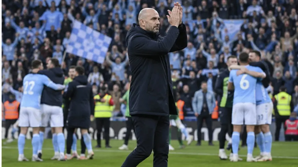 Editorial illustration of an anonymous manager applauding jubilant sky-blue supporters after victory