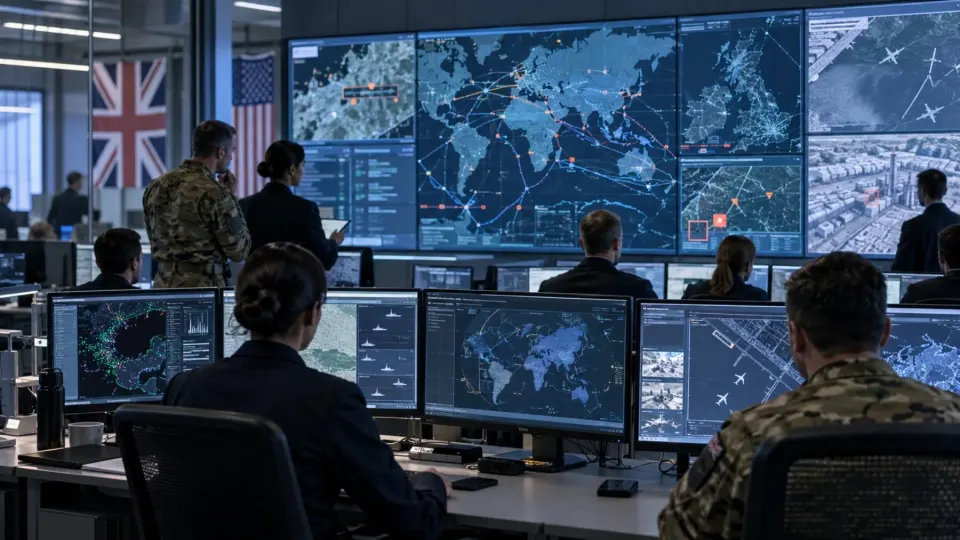 Editorial illustration of UK and US analysts monitoring infrastructure in an AI operations centre