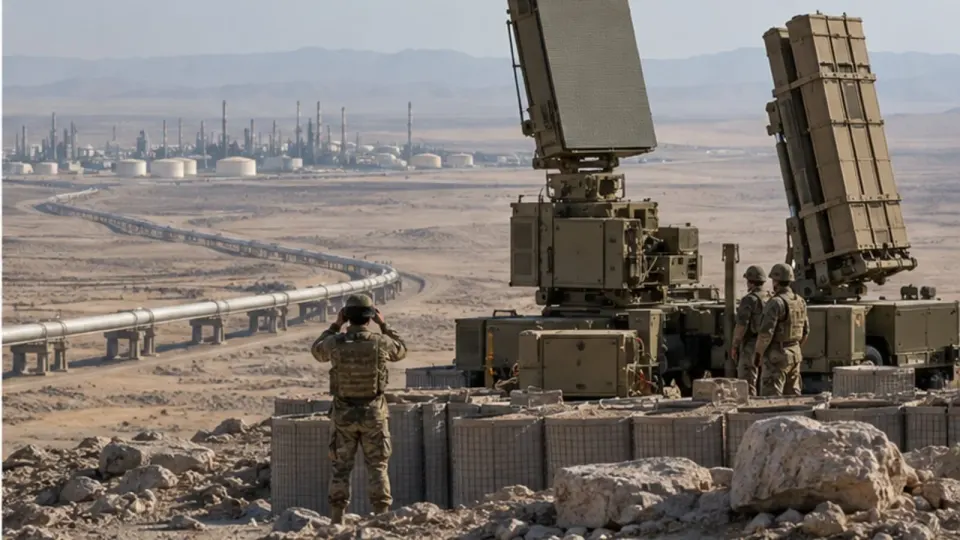 Editorial illustration of air-defence equipment overlooking desert oil infrastructure and pipelines