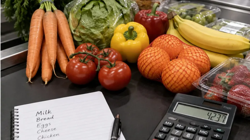 Editorial illustration of fruit and vegetables on a checkout belt beside a household shopping list and calculator