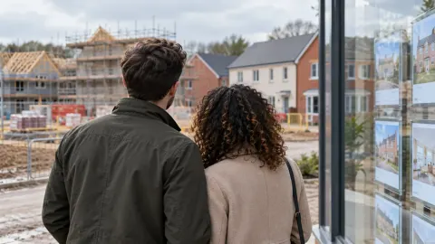 Editorial illustration of prospective buyers looking at a new-build development in England