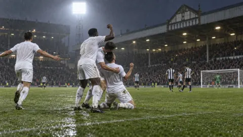 Editorial illustration of a white-shirted football team celebrating beneath floodlights at a packed Yorkshire stadium