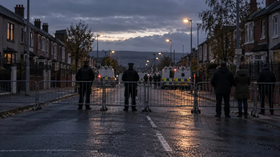 Editorial illustration of a quiet Portadown-style residential street before a disputed parade