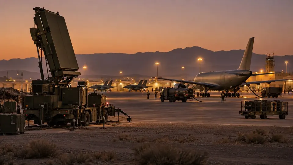 Editorial illustration of radar and tanker operations at a desert airbase
