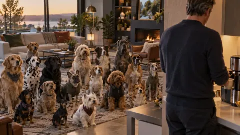 Editorial illustration of a stylish living room crowded with dogs watching a man make coffee