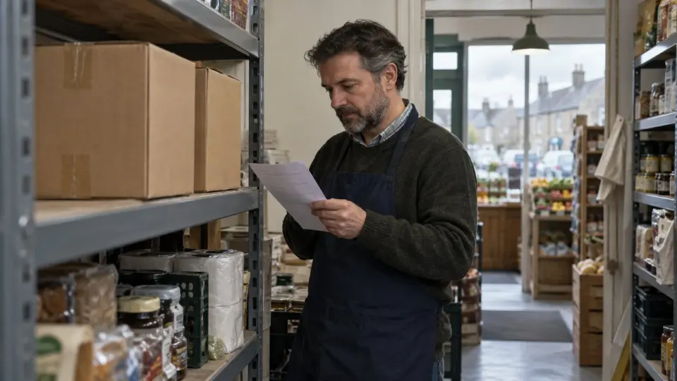 Editorial illustration of a UK shopkeeper checking stock and supplier orders in a storeroom