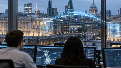 Editorial illustration of a digital bank transfer crossing between British financial institutions