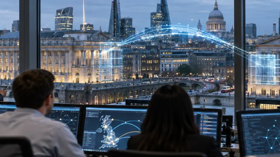 Editorial illustration of a digital bank transfer crossing between British financial institutions