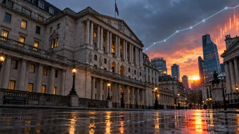Editorial illustration of the Bank of England at dusk beside rising energy and interest-rate graphics