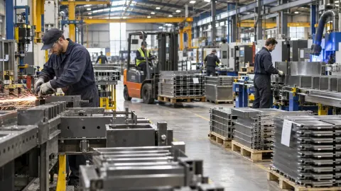 Editorial illustration of a busy British metalworking factory receiving new orders