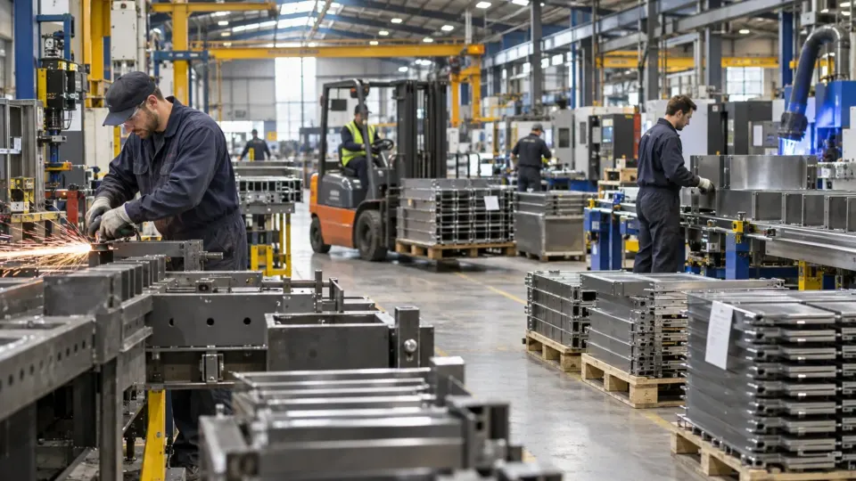 Editorial illustration of a busy British metalworking factory receiving new orders