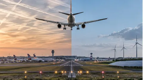 Editorial illustration of passenger aircraft above Heathrow runways beneath a split sky of contrails and clean-energy symbols