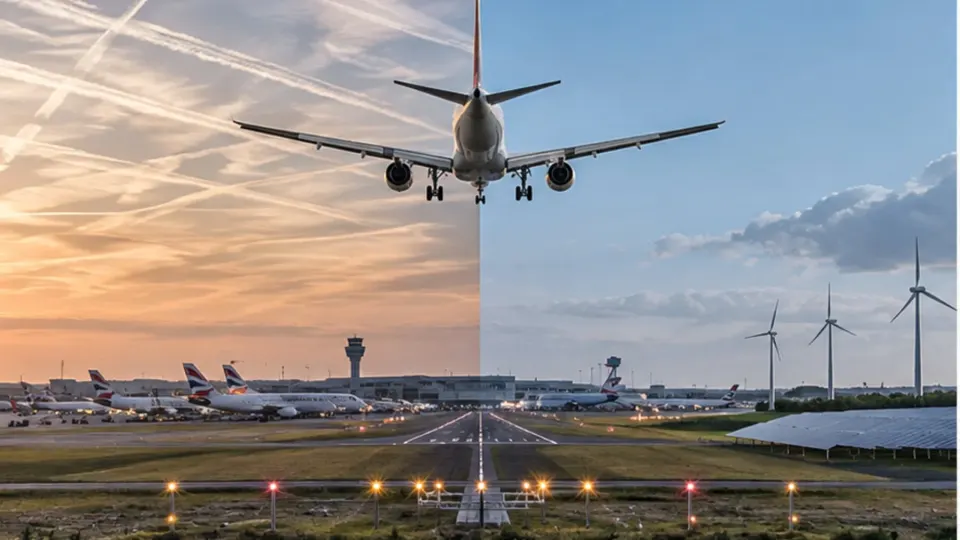 Editorial illustration of passenger aircraft above Heathrow runways beneath a split sky of contrails and clean-energy symbols