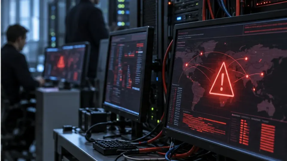 Editorial illustration of technicians monitoring red cyber alerts inside a secure election server room