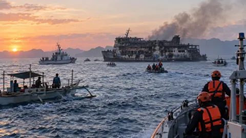 Editorial illustration of rescue vessels searching at dawn near a fire-damaged ferry off Palawan
