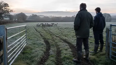 Sheep behind an open farm gate in the Oxfordshire countryside at dawn