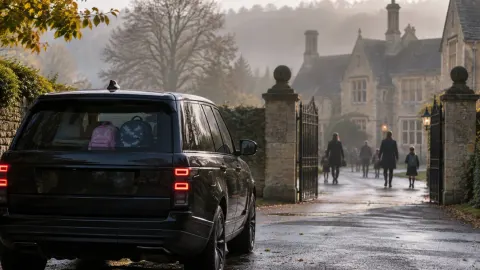 Editorial illustration of a discreet security vehicle waiting outside a private British school gate with two small backpacks visible