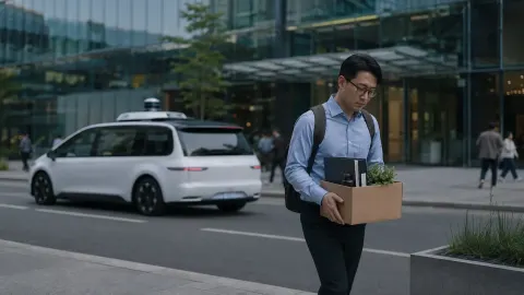 Office worker carrying a belongings box as a generic driverless taxi passes a technology company building.