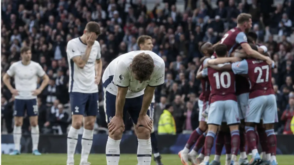 Editorial illustration of anonymous white-shirted players dejected as claret-and-blue visitors celebrate
