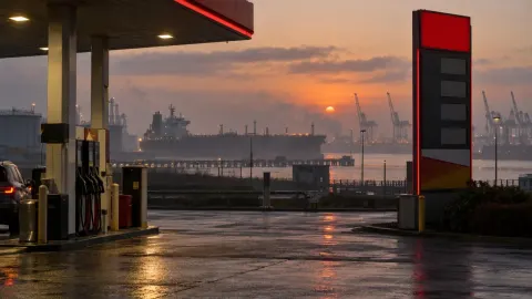 Editorial illustration of a British petrol station price board at dawn with an oil tanker beyond the forecourt
